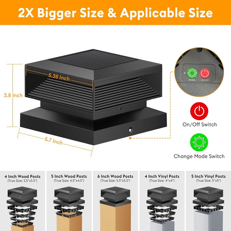 LET MY 2X Bigger Size Solar Post Cap Lights Outdoor 4 Pack, 56 Brighter LEDs Fence Post Solar Lights Outdoor Waterproof with 3 Modes for 4x4, 5x5 or 6x6 Vinyl Wooden Posts - Image 4